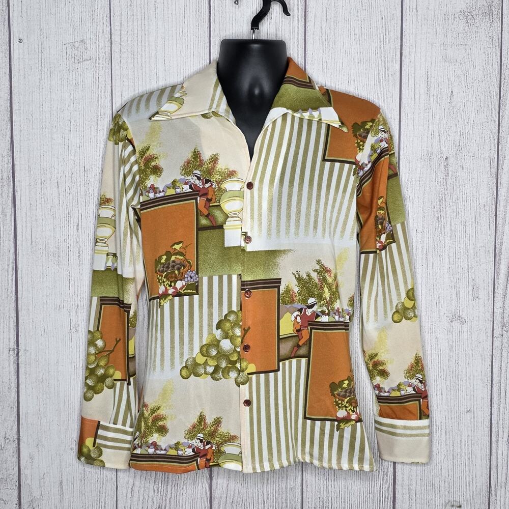 VTG 70s Van Heusen 417 Novelty Scenic Print Disco Shirt Dagger Collar, Medium